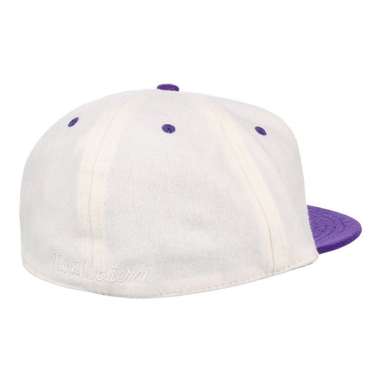 The EFF Northwestern University Vintage Ballcap is a white and purple hat with a purple brim, button, and stitched eyelets, plus Northwestern embroidered on the back—ideal for Wildcats collectors or EFF fans.