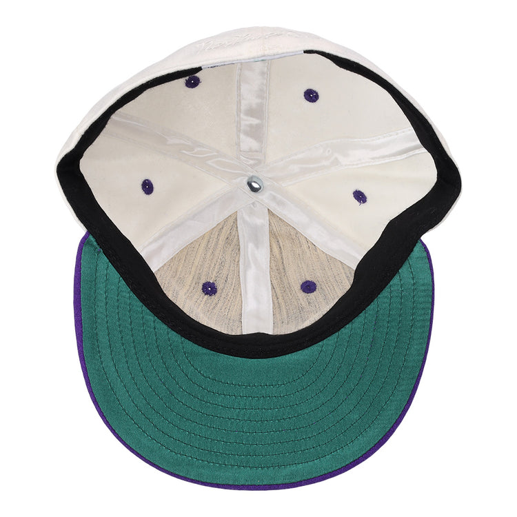 This image displays the inside of the EFF Northwestern University Vintage Ballcap, featuring a green brim, purple stitching, black sweatband, and white crown panels with six purple ventilation holes—a classic college baseball hat.