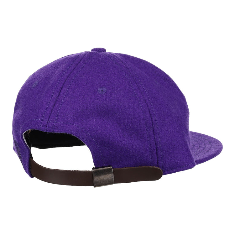 An EFF Northwestern University Mascot Vintage Ballcap in purple, shown from the back, features a brown adjustable strap with a metallic buckle.