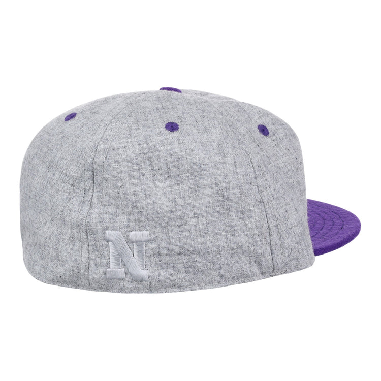 The EFF Northwestern University Mascot Vintage Ballcap in gray features a purple brim and eyelets, plus a white embroidered N—perfect for fans of college sports mascot style and vintage Wildcat hats.