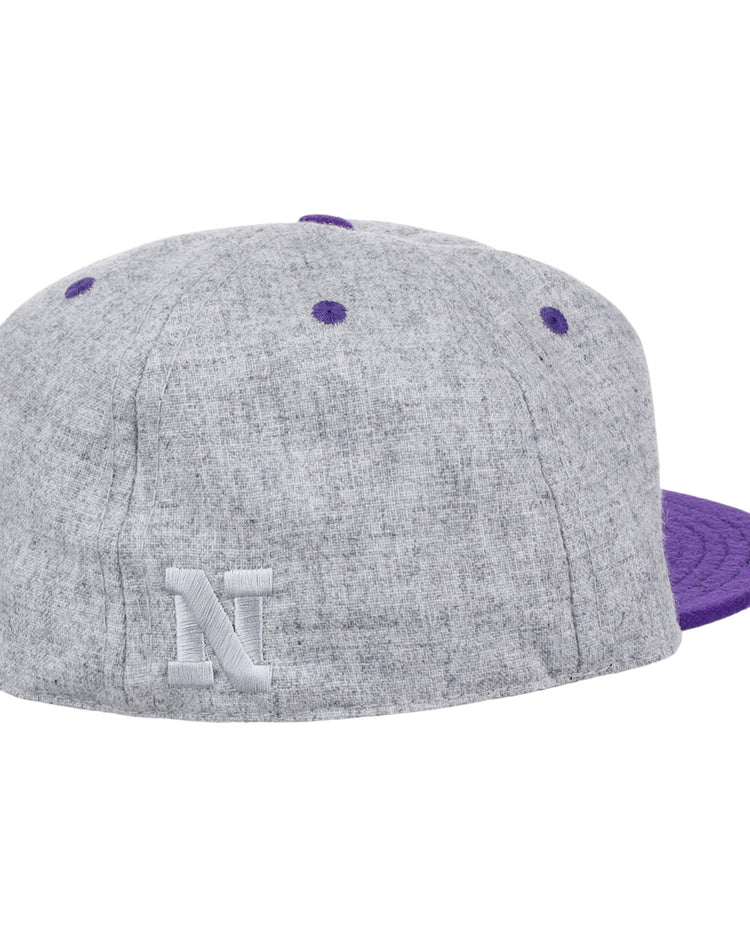 The EFF Northwestern University Mascot Vintage Ballcap in gray features a purple brim and eyelets, plus a white embroidered N—perfect for fans of college sports mascot style and vintage Wildcat hats.