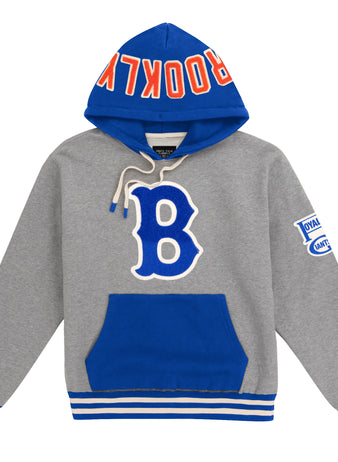 The EFF Brooklyn Royal Giants Vintage Inspired NLB Colorblock Sweatshirt features gray and blue blocks, a large outlined blue 