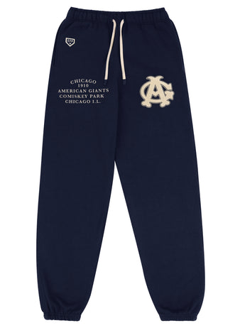 EFF Chicago American Giants Vintage Inspired NLB Colorblock Jogger—navy sweatpants with white drawstrings, cream “AG” logo, and white Chicago American Giants text; honors the Negro Leagues legacy.
