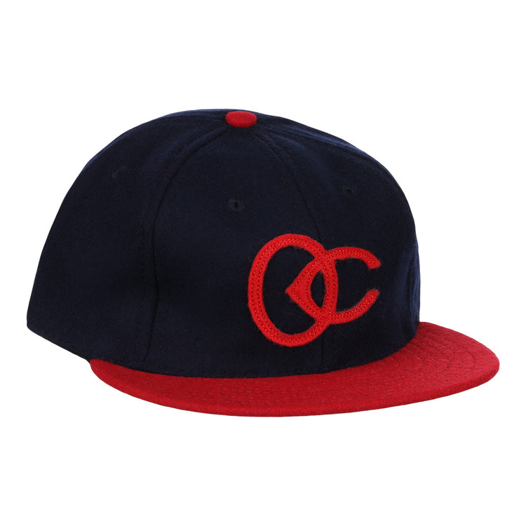 The EFF Oklahoma City Indians 1948 Vintage Ballcap features navy wool, a red brim and button, and interlocking red OC embroidery—classic Texas League style.