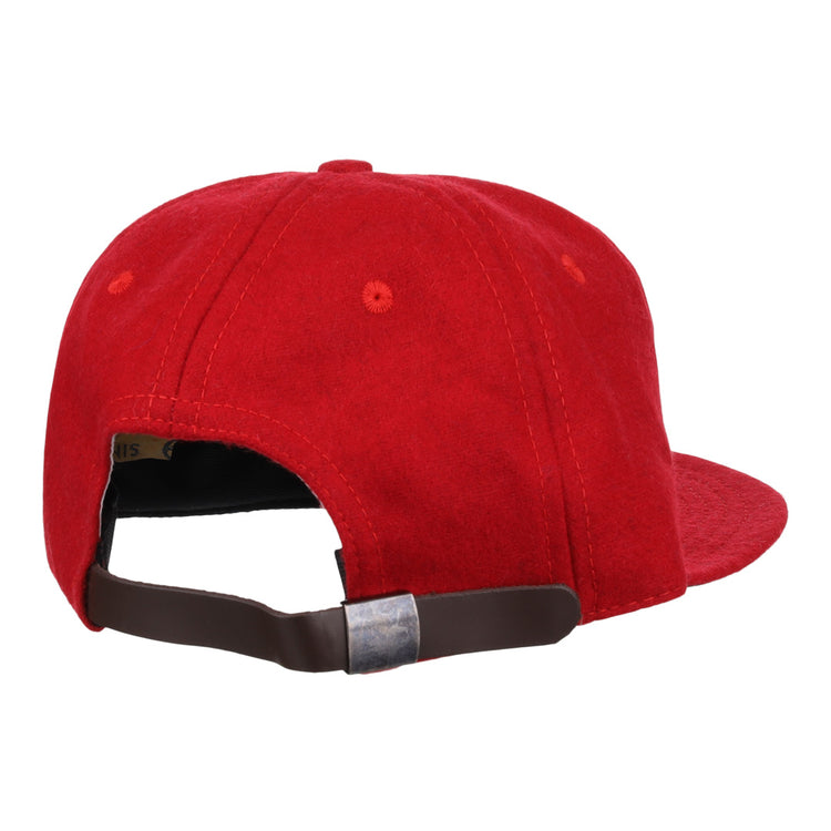 The EFF Greensboro Patriots 1922 Vintage Ballcap in red is shown from the back, highlighting its brown adjustable strap and silver buckle.