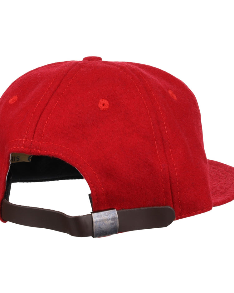 The EFF Greensboro Patriots 1922 Vintage Ballcap in red is shown from the back, highlighting its brown adjustable strap and silver buckle.