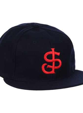 The EFF San Jose Red Sox 1952 Vintage Ballcap is a navy wool flat-brim hat with a large red intertwined S and L logo embroidered on the front.