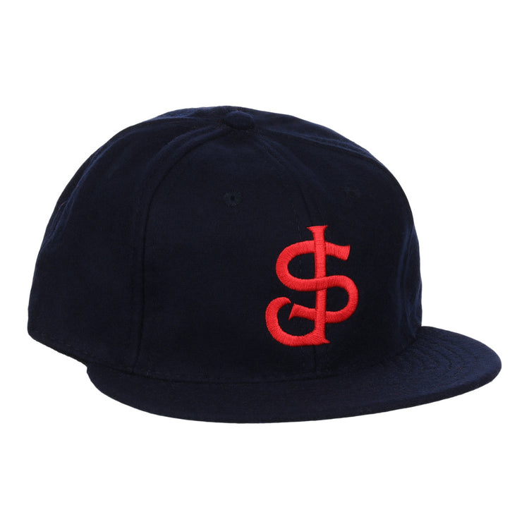 The EFF San Jose Red Sox 1952 Vintage Ballcap is a navy wool flat-brim hat with a large red intertwined S and L logo embroidered on the front.