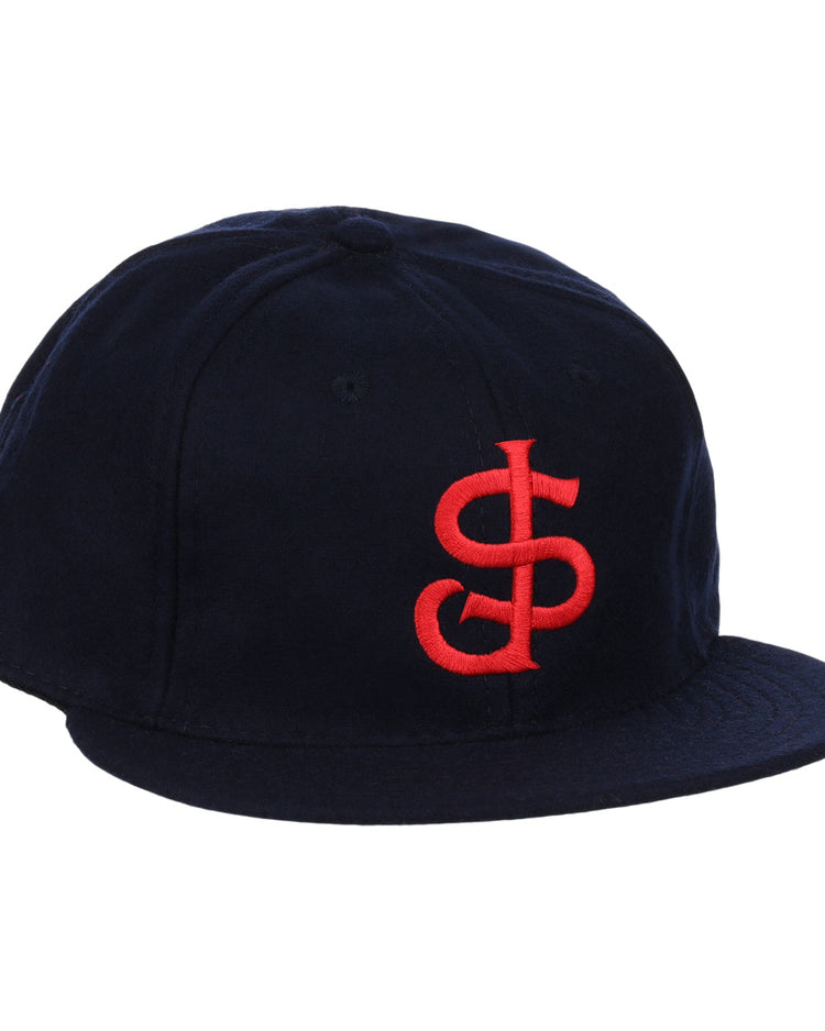 The EFF San Jose Red Sox 1952 Vintage Ballcap is a navy wool flat-brim hat with a large red intertwined S and L logo embroidered on the front.