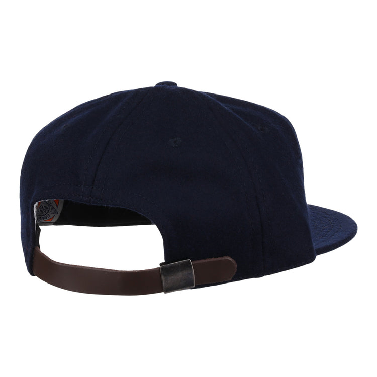 The EFF San Jose Red Sox 1952 Vintage Ballcap is a navy wool hat seen from the back, featuring an adjustable brown leather strap with a metal clasp. The cap is plain with no visible logos or designs.