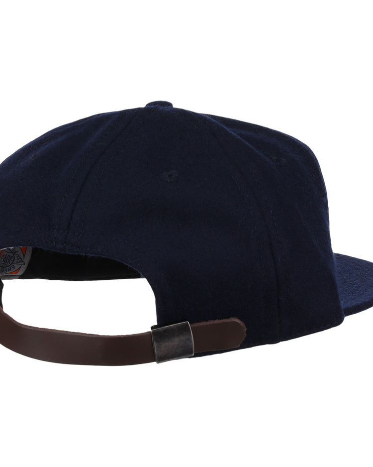 The EFF San Jose Red Sox 1952 Vintage Ballcap is a navy wool hat seen from the back, featuring an adjustable brown leather strap with a metal clasp. The cap is plain with no visible logos or designs.