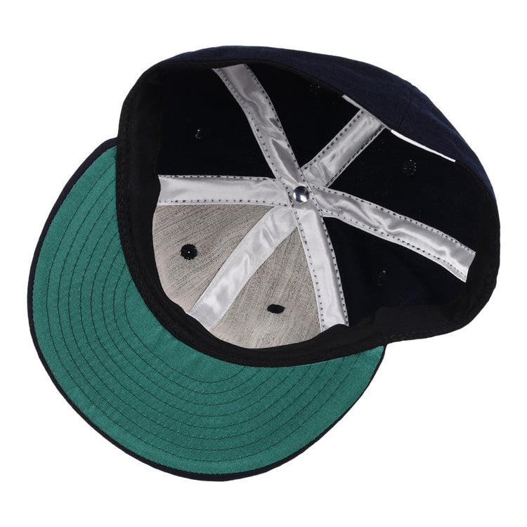 The inside of the EFF San Jose Red Sox 1952 Vintage Ballcap features a navy crown, green brim underside, white X-shaped fabric strips, and metal vents—classic details true to its original 1952 design.