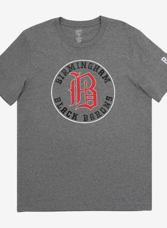 The EFF Birmingham Black Barons T-Shirt is a unisex heathered tee featuring a circular team logo on the chest, red BB letters, and number 8 on the right sleeve, made from soft premium cotton for lasting comfort.