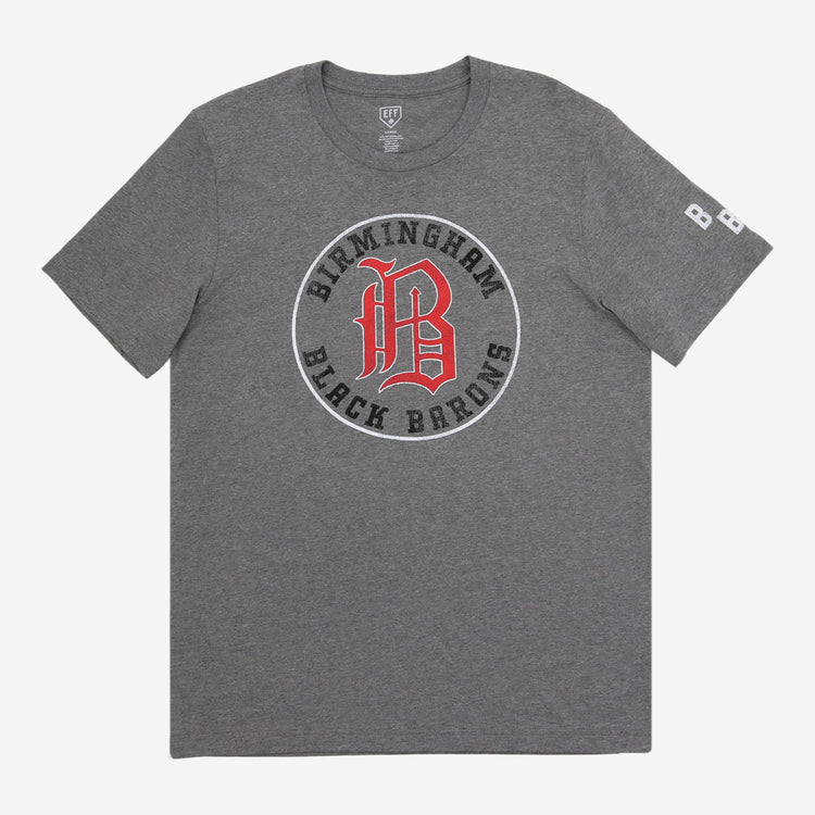 The EFF Birmingham Black Barons T-Shirt is a unisex heathered tee featuring a circular team logo on the chest, red BB letters, and number 8 on the right sleeve, made from soft premium cotton for lasting comfort.