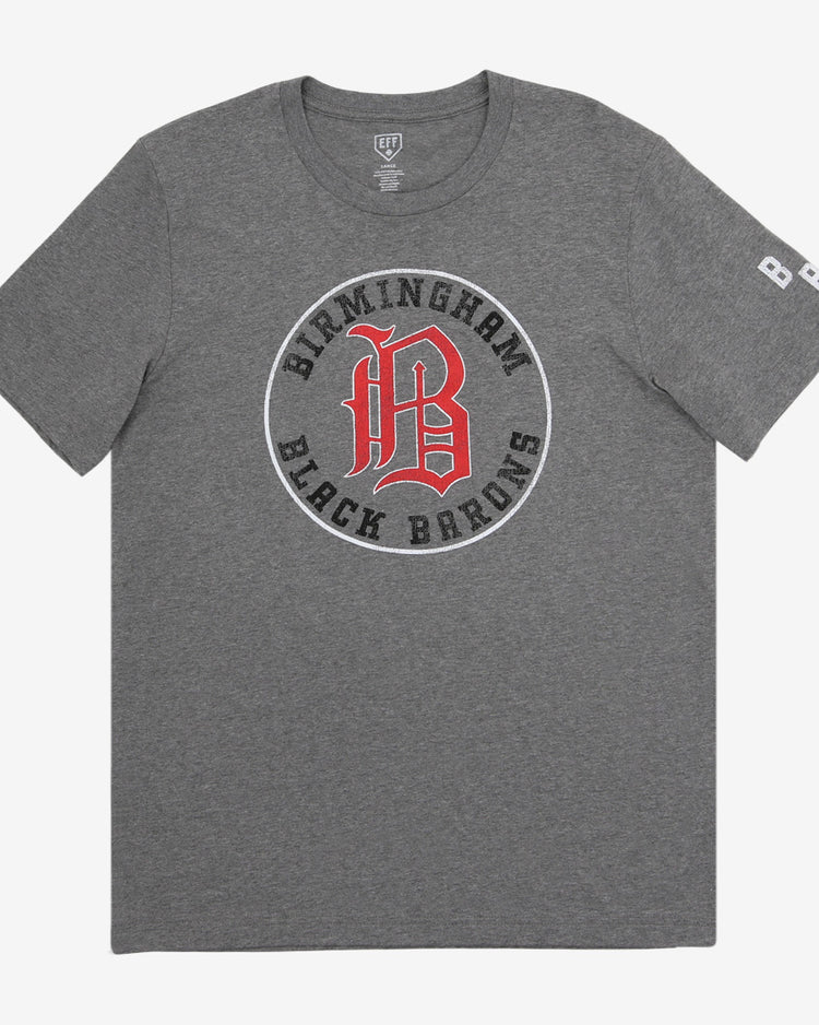 The EFF Birmingham Black Barons T-Shirt is a unisex heathered tee featuring a circular team logo on the chest, red BB letters, and number 8 on the right sleeve, made from soft premium cotton for lasting comfort.