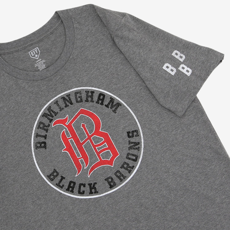 The EFF Birmingham Black Barons T-Shirt is a gray unisex heathered tee with a large red and white B and Birmingham Black Barons text on the front, BB on the left sleeve, and made from premium cotton for comfort and style.