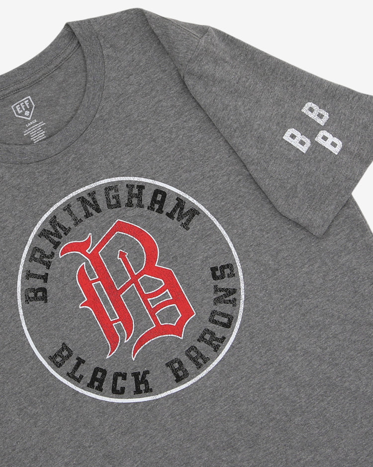 The EFF Birmingham Black Barons T-Shirt is a gray unisex heathered tee with a large red and white B and Birmingham Black Barons text on the front, BB on the left sleeve, and made from premium cotton for comfort and style.