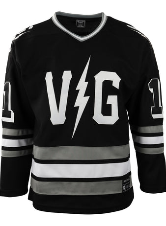 The Violent Gentlemen x EFF Collection Hockey Jersey by EFF features a black design with white and gray stripes, bold V and G letters split by a lightning bolt on the front, and the number 11 on both sleeves.