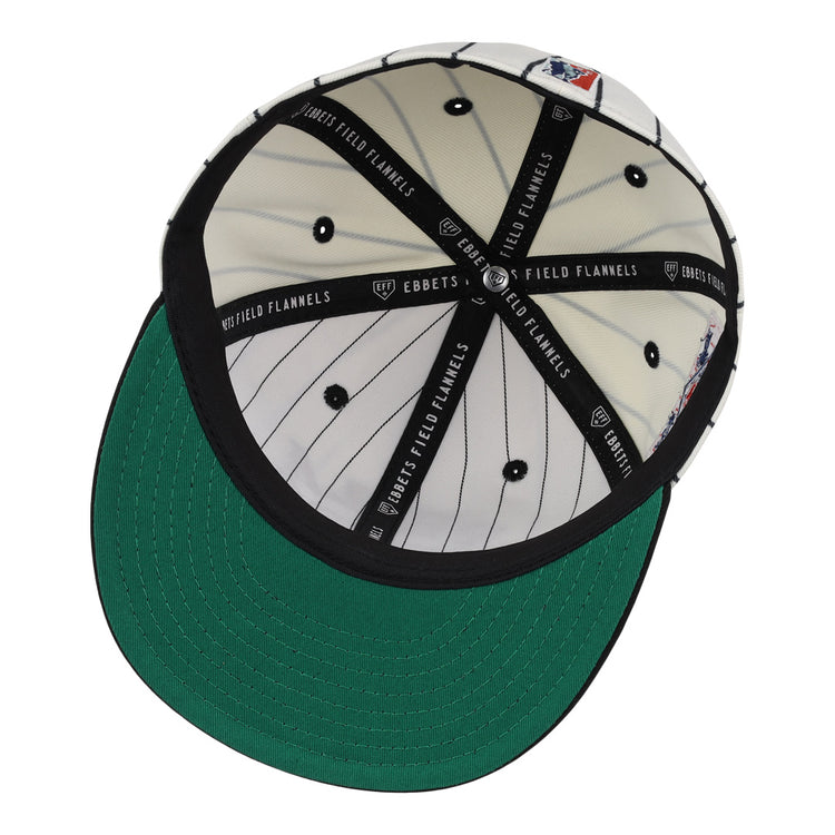 The EFF Philadelphia Stars NLB Pinstripe Fitted Ballcap has a green underbrim, black EFF-branded interior bands, exposed stitching, and an MLB logo patch, celebrating Black baseball history in the Negro National League.