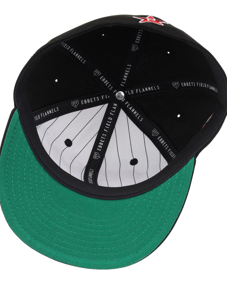 The EFF Cultural Excellence x Philadelphia Stars Fitted Ballcap features a black exterior, green underbrim, gray and white pinstripe interior, and black bands with EBBETS FIELD FLANNELS branding—honoring classic Negro League Baseball style.