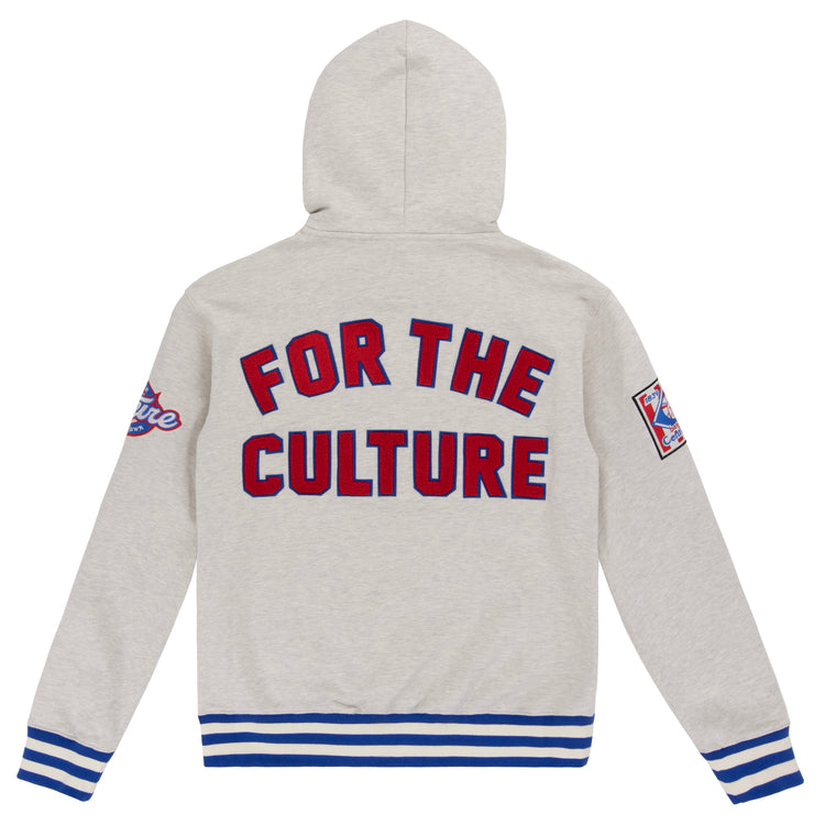 The EFF Cultural Excellence x Philadelphia Stars French Terry Hooded Sweatshirt features a light gray body, blue and white striped cuffs and hem, FOR THE CULTURE emblazoned on the back, and a colorful Negro League Baseball patch on the right sleeve.