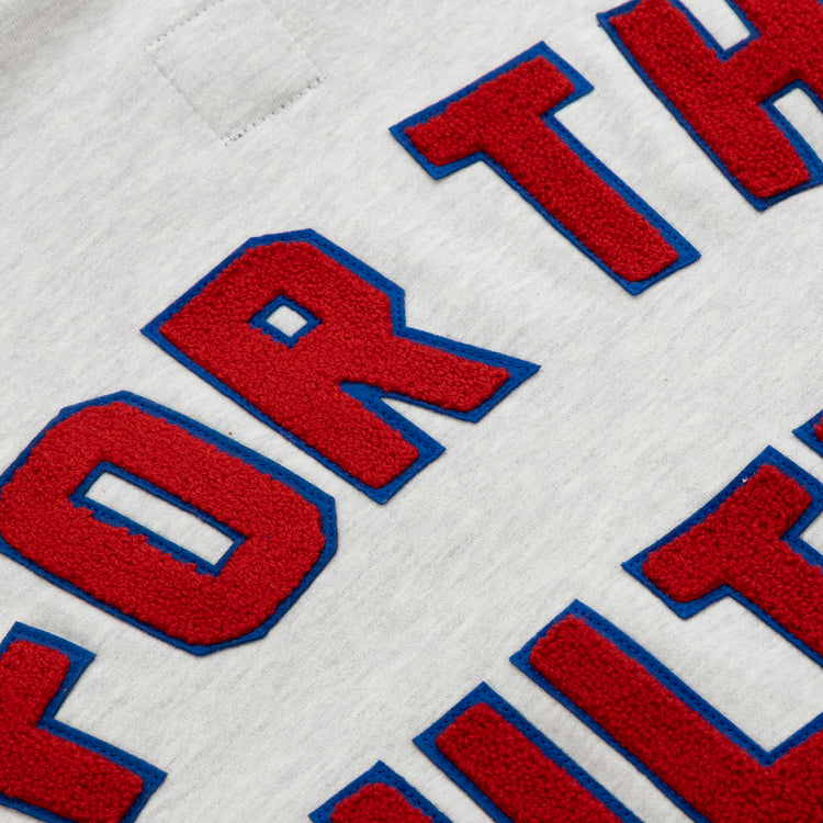 Close-up of red, textured varsity-style ORT letters outlined in blue, sewn onto light gray fabric of the EFF Cultural Excellence x Philadelphia Stars French Terry Hooded Sweatshirt, inspired by Negro League Baseball heritage.