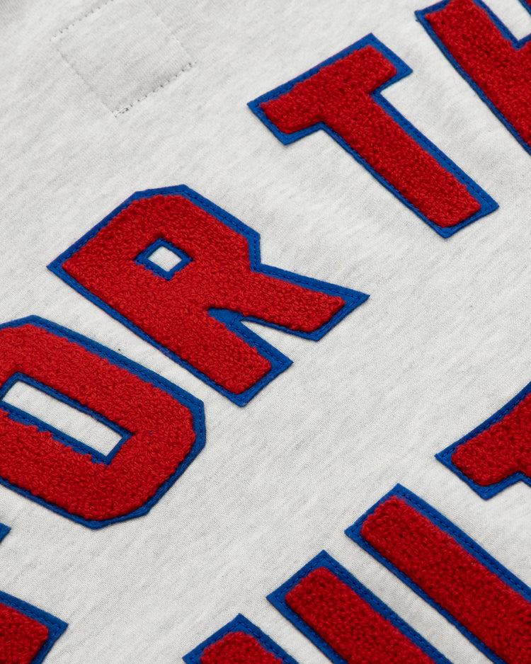 Close-up of red, textured varsity-style ORT letters outlined in blue, sewn onto light gray fabric of the EFF Cultural Excellence x Philadelphia Stars French Terry Hooded Sweatshirt, inspired by Negro League Baseball heritage.