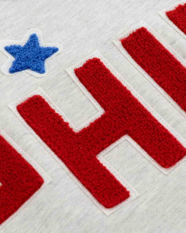 Close-up of red textured block letters and a blue star on light gray French terry, this EFF Cultural Excellence x Philadelphia Stars Hooded Sweatshirt nods to classic streetwear and Negro League Baseball heritage.