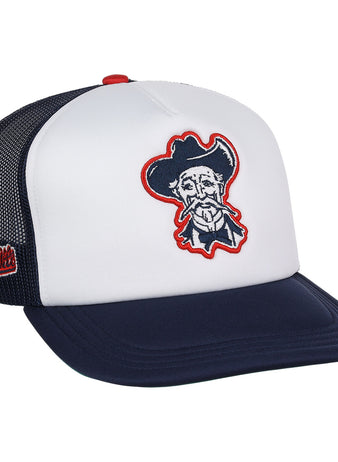 The EFF Louisville Colonels EFF MiLB Vintage Foam Trucker is a white and navy snapback hat with mesh back, red embroidered cowboy logo on the front, red script text on the side, inspired by the Vintage Minor League collection.