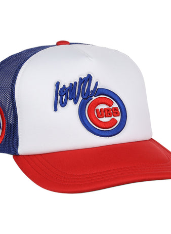 The EFF Iowa Cubs EFF MiLB Vintage Foam Trucker is a white, red, and blue snapback hat with “Iowa Cubs” embroidered on the front and an “Iowa” logo patch on the mesh side panel.