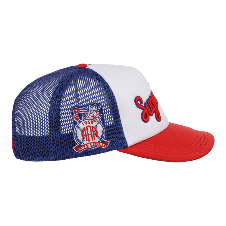 The EFF Havana Sugar Kings MiLB Vintage Foam Trucker hat has a blue, white, and red design with mesh back, 1959 AAA Champions patch, and red Syracuse script—ideal for Havana baseball fans and vintage minor league collectors.