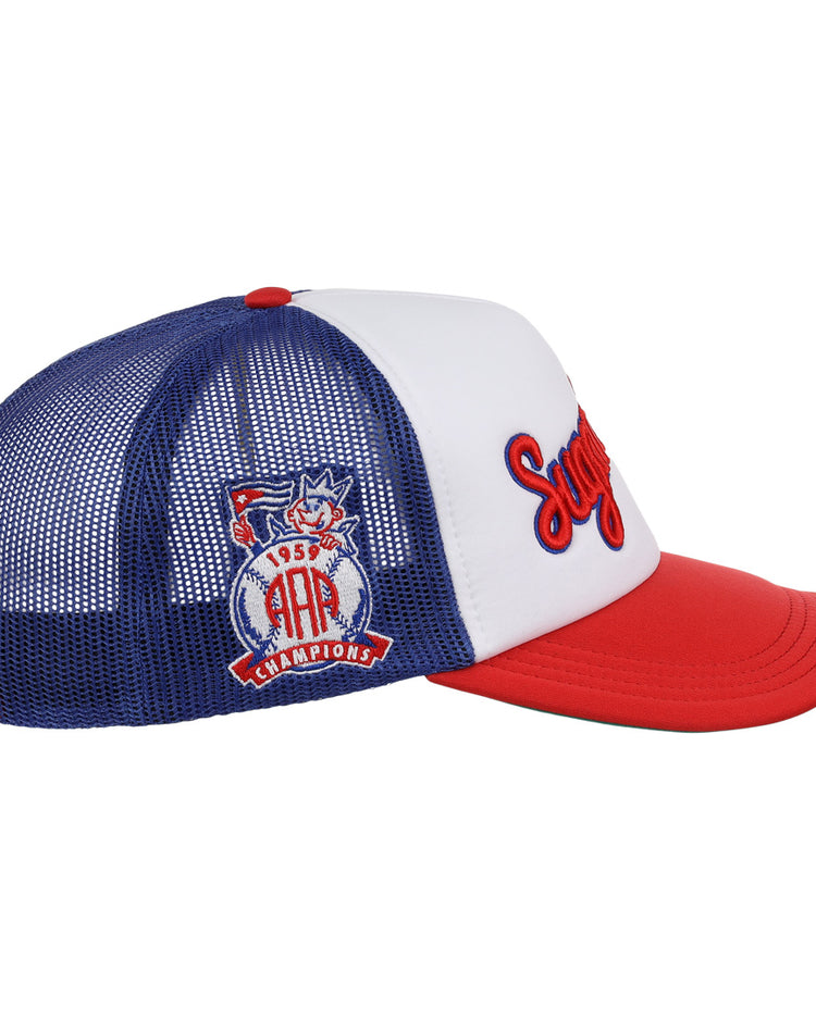 The EFF Havana Sugar Kings MiLB Vintage Foam Trucker hat has a blue, white, and red design with mesh back, 1959 AAA Champions patch, and red Syracuse script—ideal for Havana baseball fans and vintage minor league collectors.