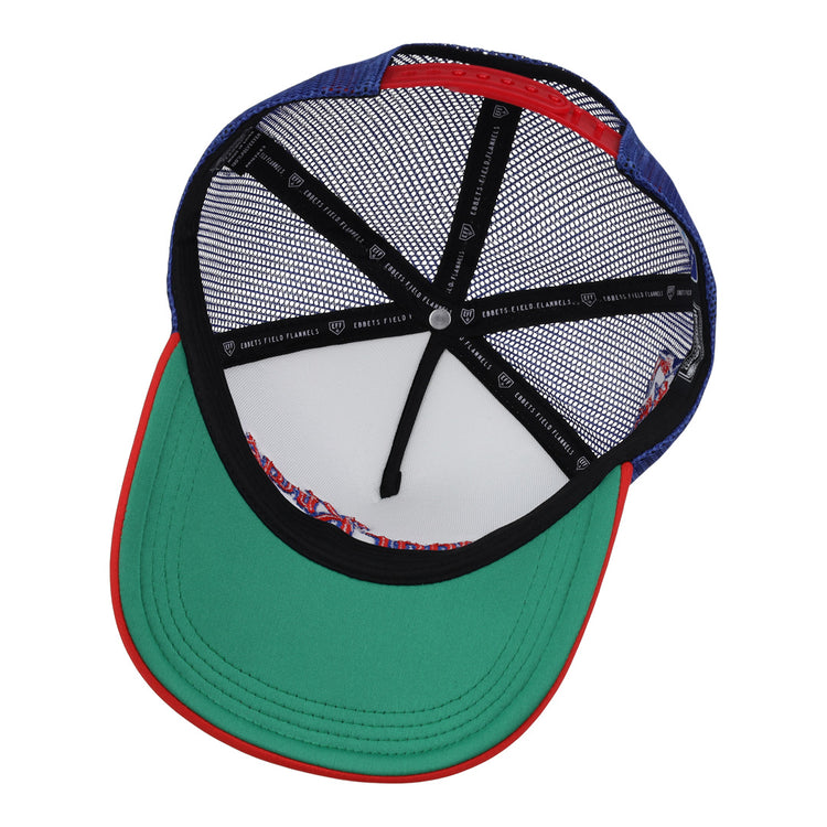 A look inside the Havana Sugar Kings EFF MiLB Vintage Foam Trucker by EFF shows a green brim with red edge, black sweatband, white mesh panels, blue sides, and detailed label—celebrating Havanas baseball heritage.