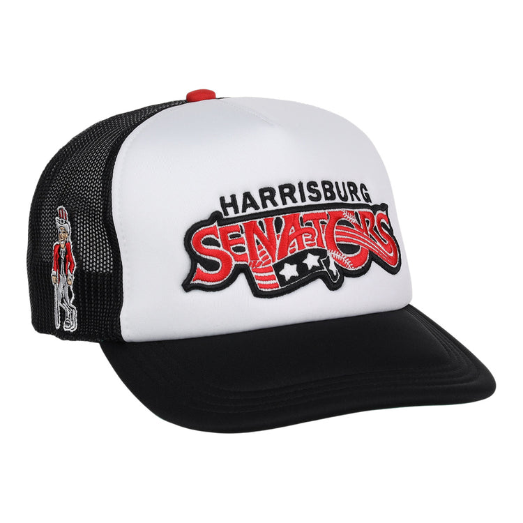 The EFF Harrisburg Senators MiLB Vintage Foam Trucker cap features black and white colors, team embroidery on the front, a small mascot on the side, and a red top button—perfect for Vintage Minor League fans.