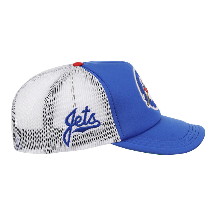 The EFF Columbus Jets EFF MiLB Vintage Foam Trucker features a solid blue front, white mesh back, red button, and “Jets” embroidered in blue script—ideal for International League baseball fans.