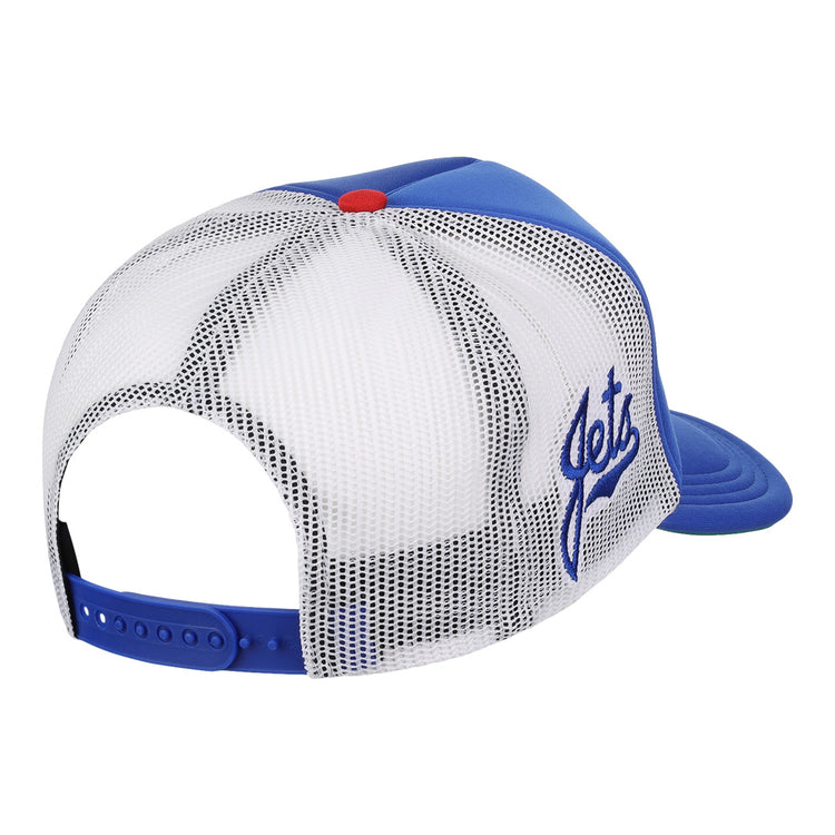 A blue and white EFF Columbus Jets EFF MiLB Vintage Foam Trucker hat, viewed from the back, with an adjustable snapback and Jets embroidered in blue script—classic style inspired by the vintage Columbus Jets cap.