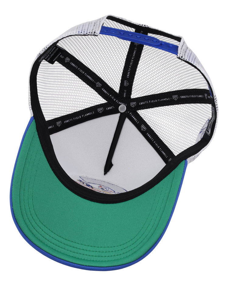 A top-down view of the EFF Columbus Jets EFF MiLB Vintage Foam Trucker hat, featuring a green brim, black interior lining, white mesh panels, and blue accents along the edge.