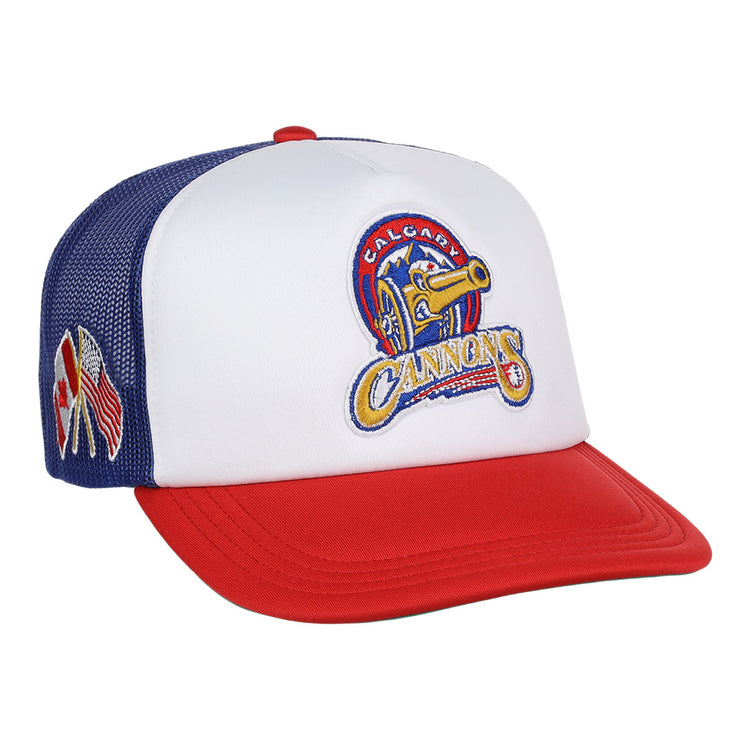 The Calgary Cannons EFF MiLB Vintage Foam Trucker by EFF is a white, red, and blue hat with a yellow cannon logo on the front and small embroidered flags on the mesh side panel.