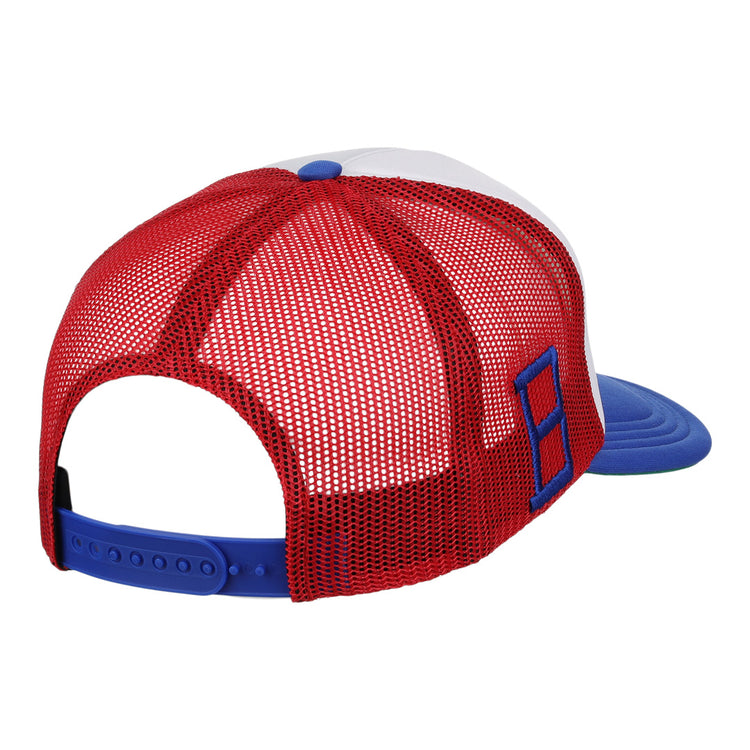 The Buffalo Bisons EFF MiLB Vintage Foam Trucker by EFF is a red mesh hat with a white front panel, blue brim, and adjustable blue snapback—classic minor league style inspired by the iconic Bisons.