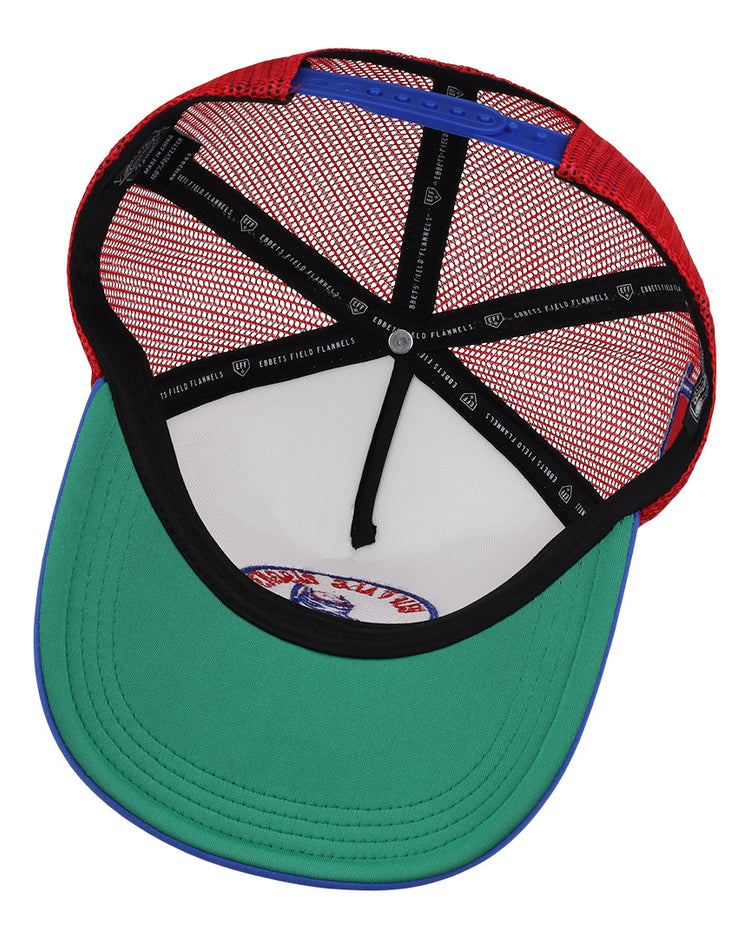 The inside view of the EFF Buffalo Bisons EFF MiLB Vintage Foam Trucker cap shows a green brim, red mesh sides, black stitched bands, blue edge, and a Buffalo Bisons logo on the inner crown.