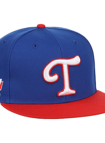 The Tulsa Drillers EFF MiLB Vintage Snapback by Ebbets Field Flannels features a blue crown, red brim, bold white-and-red T front, and Texas League side patch for classic minor league style.