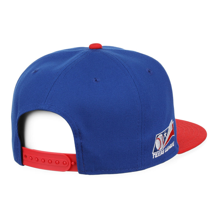The Ebbets Field Flannels Tulsa Drillers EFF MiLB Vintage Snapback is a blue cap with a red adjustable strap and brim, Texas League logo patch on the side, shown from the back and side. Part of the Vintage Minor League collection.
