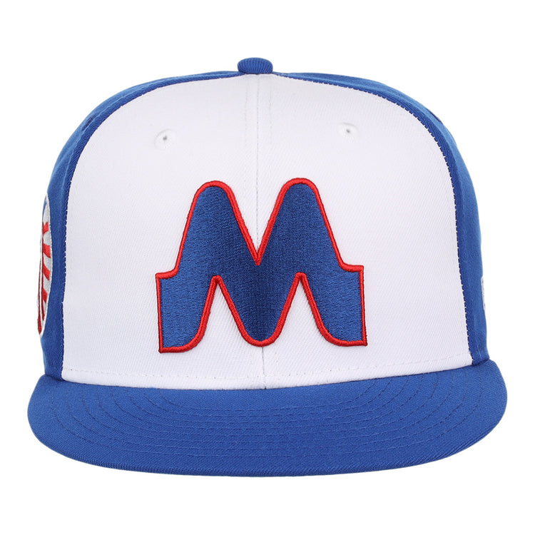 The Memphis Chicks EFF MiLB Vintage Snapback by Ebbets Field Flannels features a blue brim and panels, white front, and a bold blue and red M logo—part of the Vintage Minor League collection with snapback adjustment.