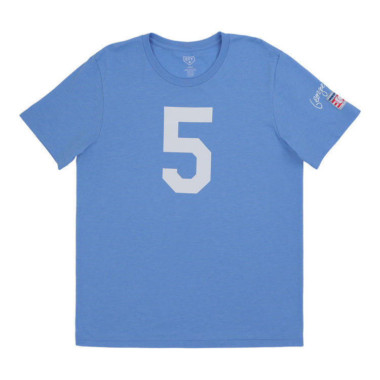 The Ebbets Field Flannels George Brett Hall of Fame T-Shirt is a light blue short-sleeve tee with a large white number 5, white text, and small flag patches on the left sleeve, inspired by the Kansas City Royals legend.