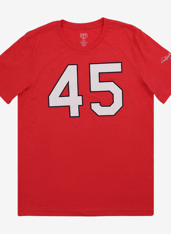The Bob Gibson Hall of Fame T-Shirt by Ebbets Field Flannels features a large white number 45 with black outline on red, honoring the legend, plus a small signature and American flag patch on the left sleeve.