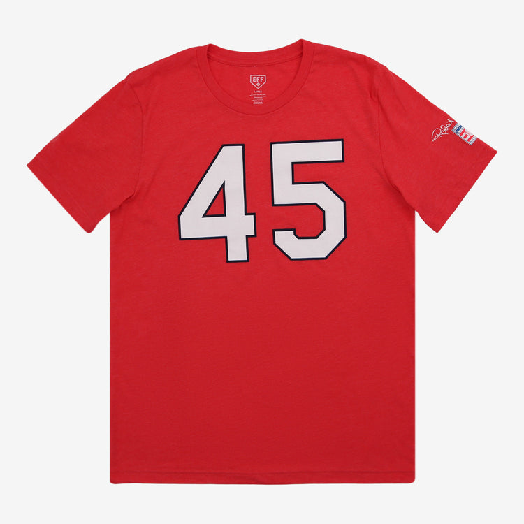 The Bob Gibson Hall of Fame T-Shirt by Ebbets Field Flannels features a large white number 45 with black outline on red, honoring the legend, plus a small signature and American flag patch on the left sleeve.