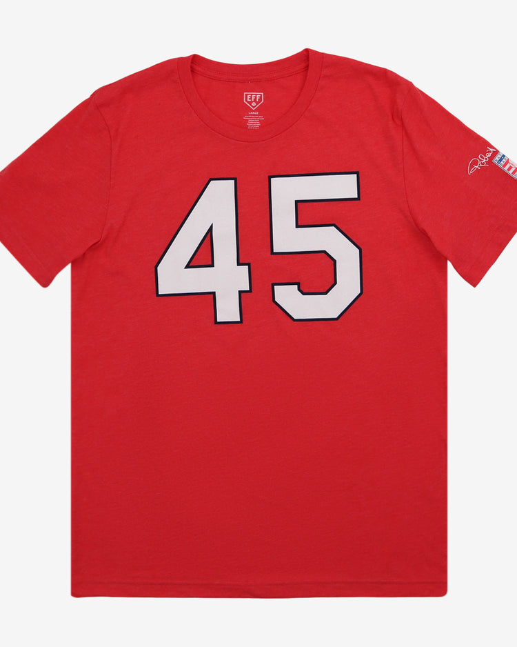 The Bob Gibson Hall of Fame T-Shirt by Ebbets Field Flannels features a large white number 45 with black outline on red, honoring the legend, plus a small signature and American flag patch on the left sleeve.