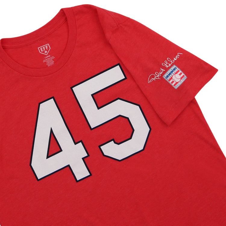 The Ebbets Field Flannels Bob Gibson Hall of Fame T-Shirt features a bold white 45 on red, Bob Gibson’s signature, and a Russell Athletic patch on the sleeve—a tribute to the St. Louis Cardinals legend.