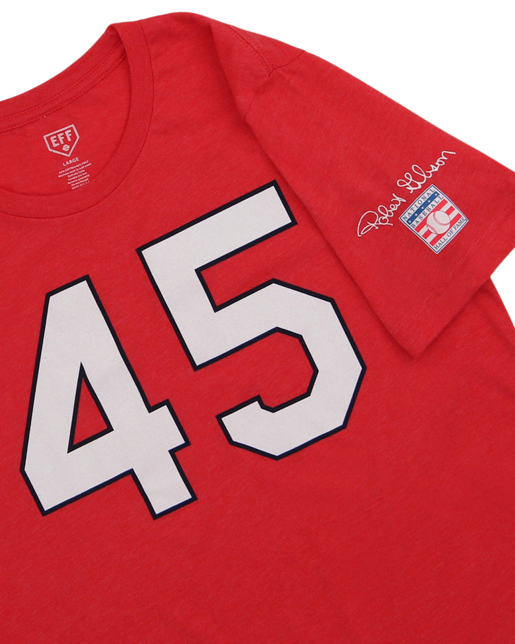 The Ebbets Field Flannels Bob Gibson Hall of Fame T-Shirt features a bold white 45 on red, Bob Gibson’s signature, and a Russell Athletic patch on the sleeve—a tribute to the St. Louis Cardinals legend.