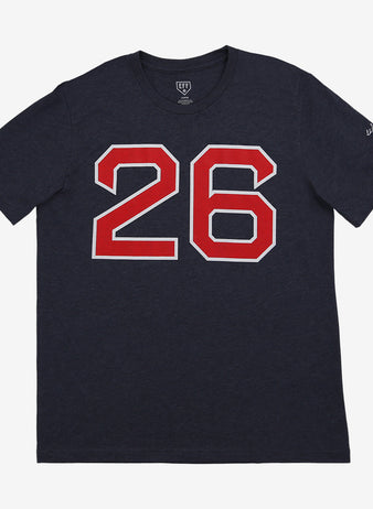 The Wade Boggs Hall of Fame T-Shirt by Ebbets Field Flannels is a navy tee featuring a bold red and white number 26 on the front, inspired by the Boston Red Sox legend, displayed against a plain white background.